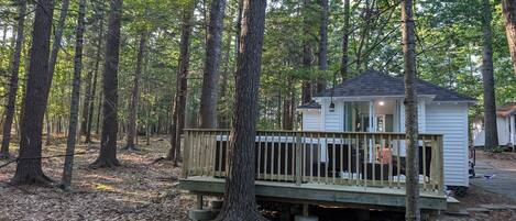 A small cabin with a deck, surrounded by tall trees in a forest.