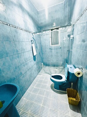 Une petite salle de bain carrelée, équipée de toilettes, d’un bidet et d’un espace douche.