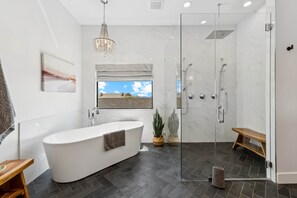 Hair dryer, towels, soap, shampoo