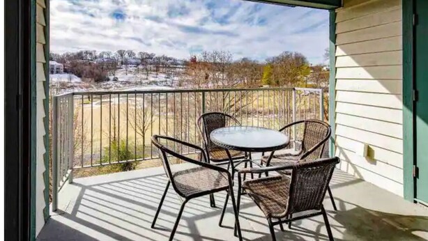 A covered outdoor area with a table and chairs, a view of a snowy landscape, and a green door.