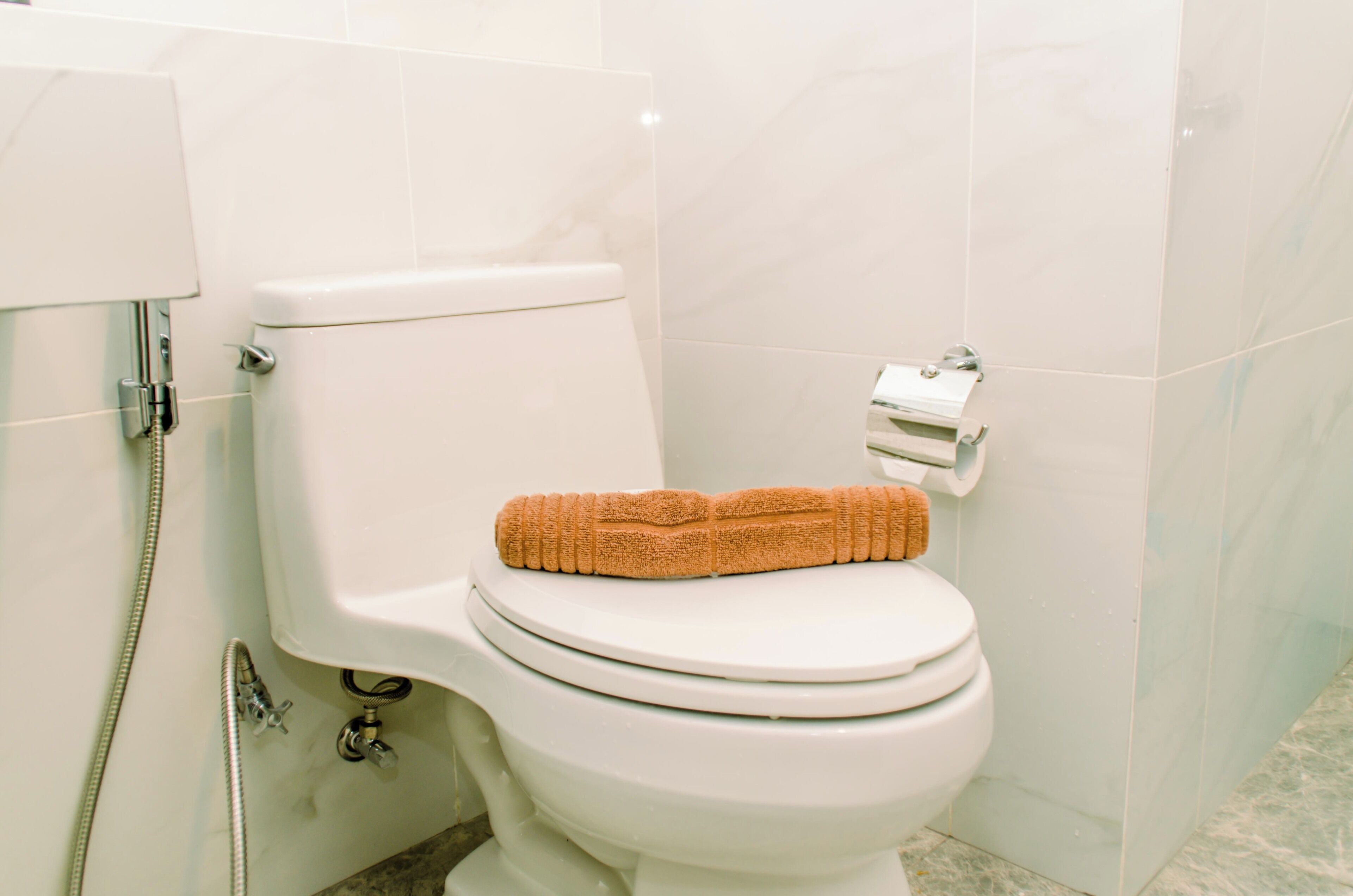 Inodoro blanco con una toalla marrón en el asiento, un dispensador de papel higiénico y una manguera de ducha.