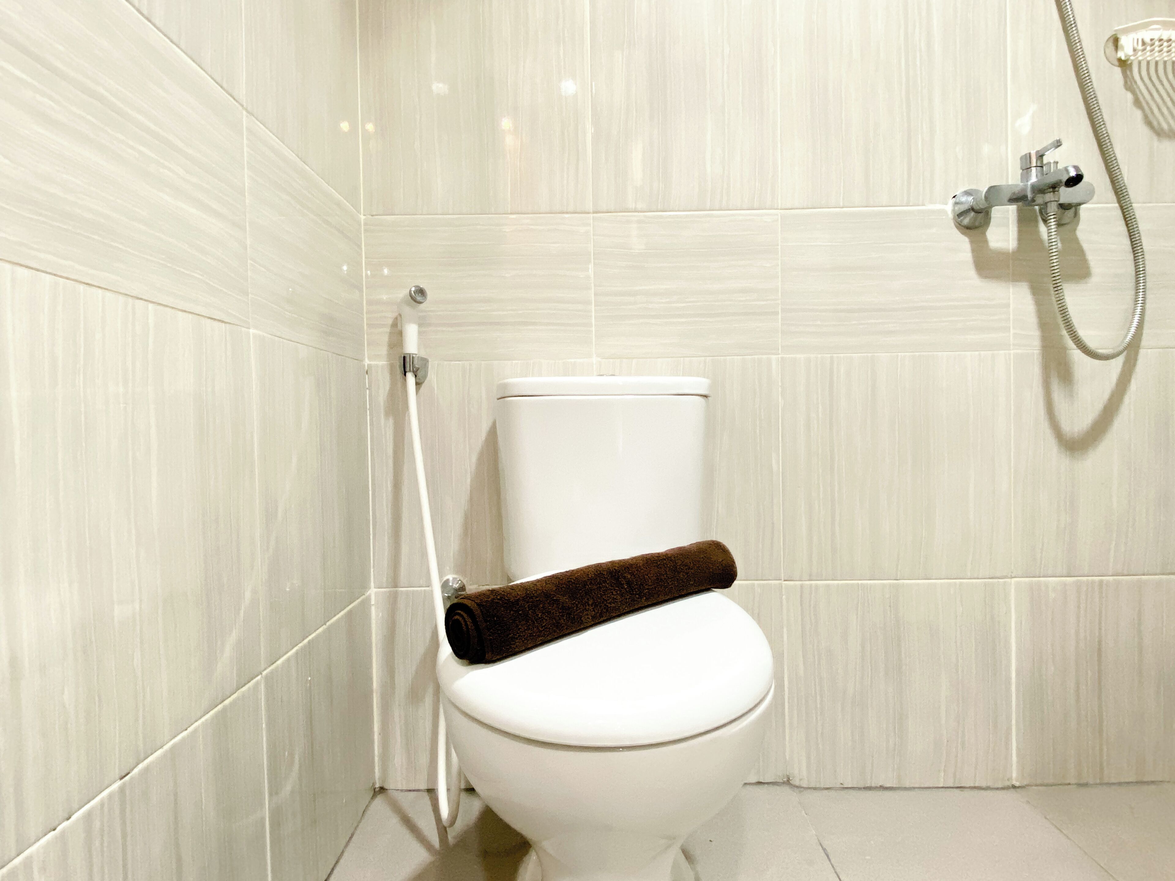 Inodoro blanco con una toalla marrón sobre el asiento, un cabezal de ducha manual y un dispensador de papel higiénico.
