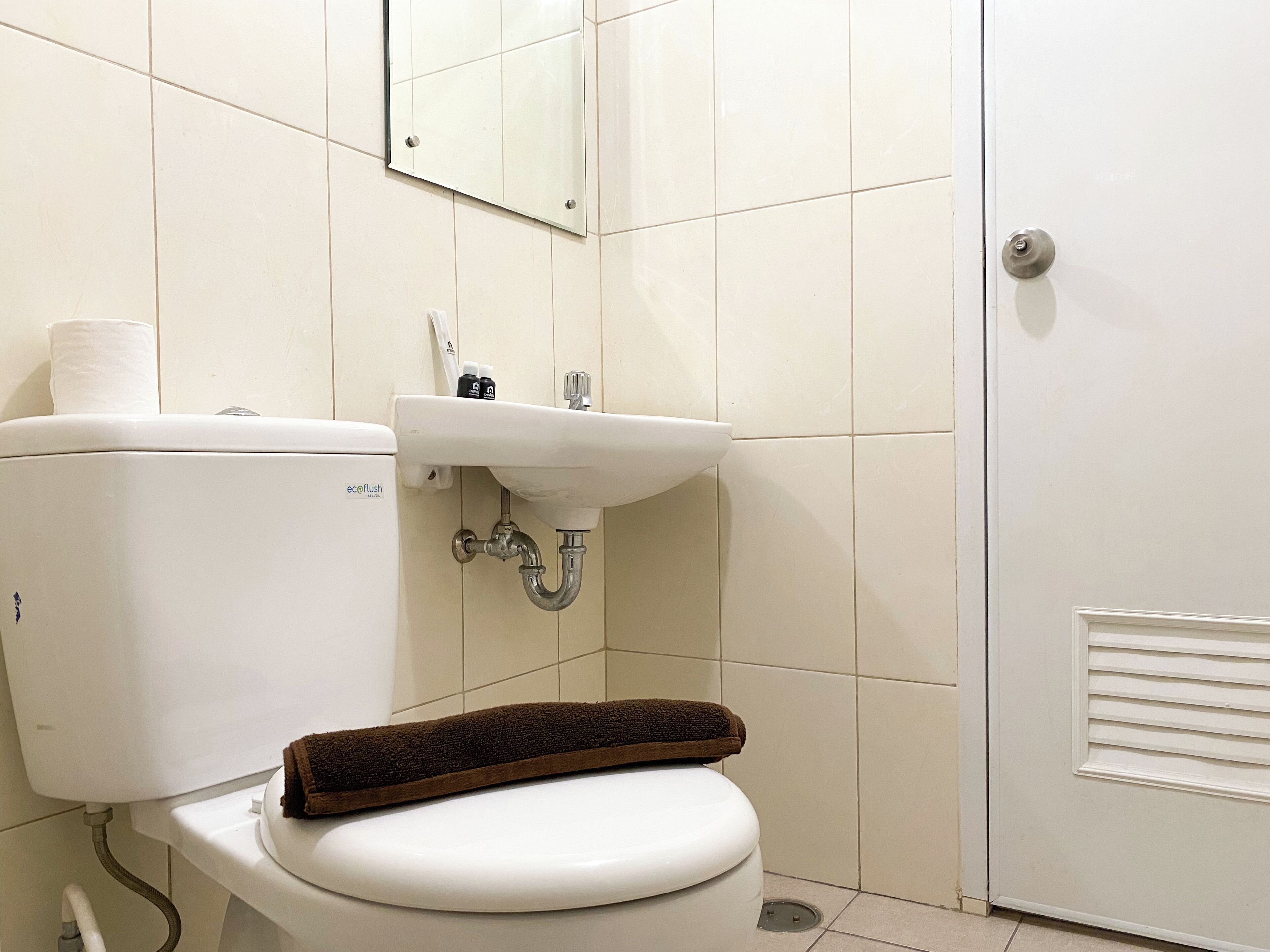 A bathroom with a toilet, a sink, and a mirror.