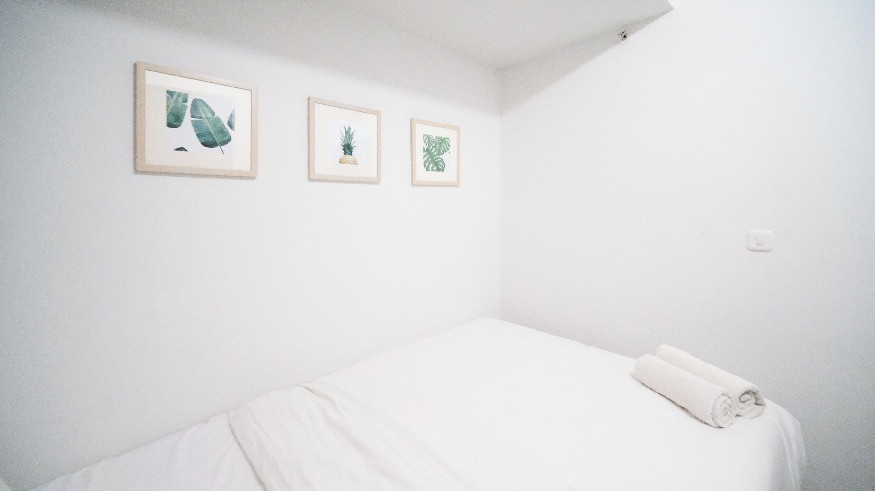 A minimalist room with a single bed, white bedding, and three framed botanical prints on the wall.