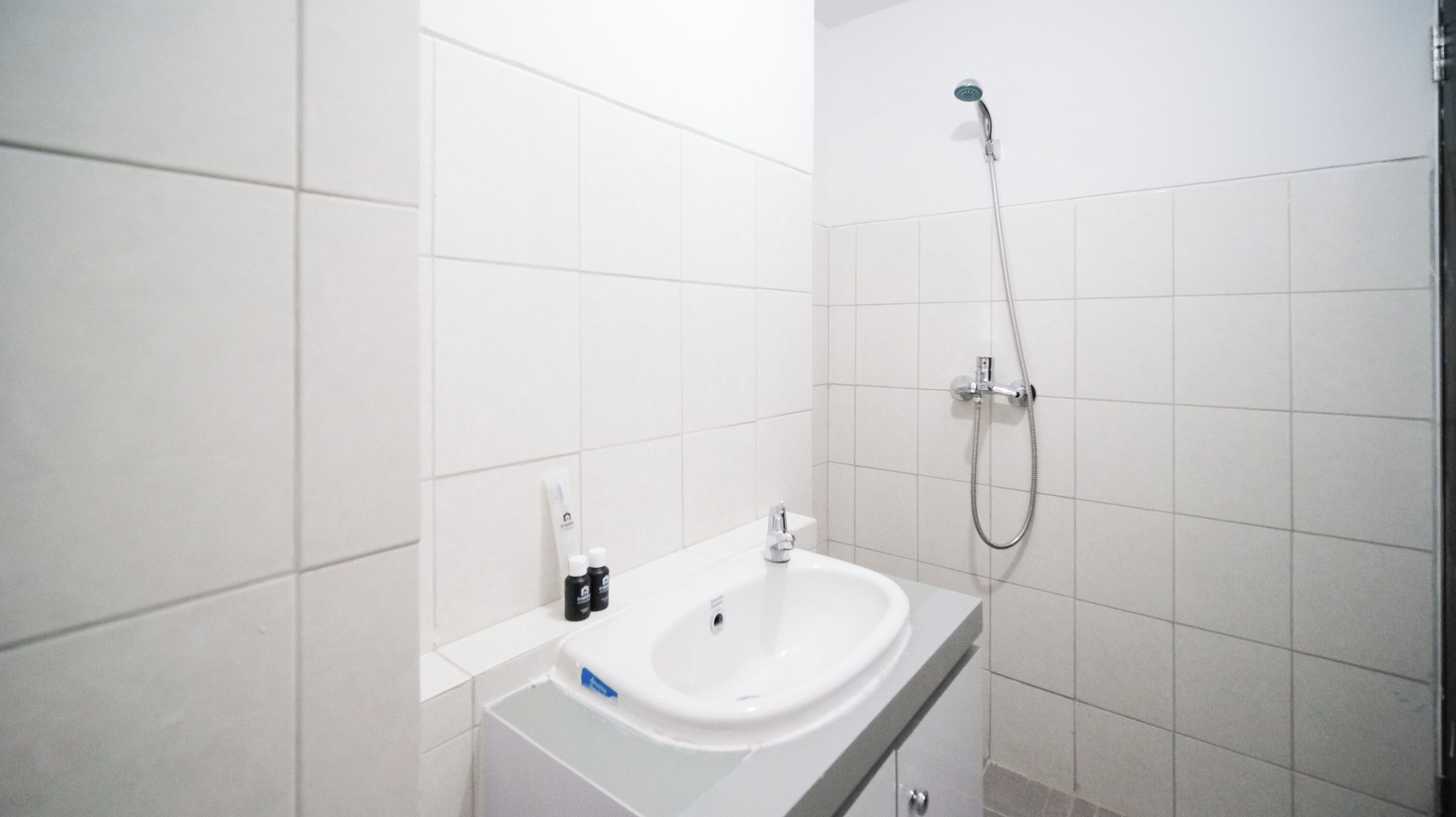 A bathroom with a white sink, a handheld showerhead, and a toilet.