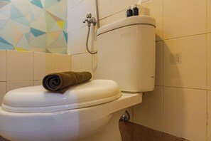 Bathroom features a toilet, showerhead, and geometric-patterned tiles.