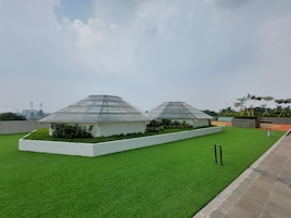 Deux grandes serres dotées de toits transparents, installées sur un jardin sur toit recouvert de gazon artificiel vert.