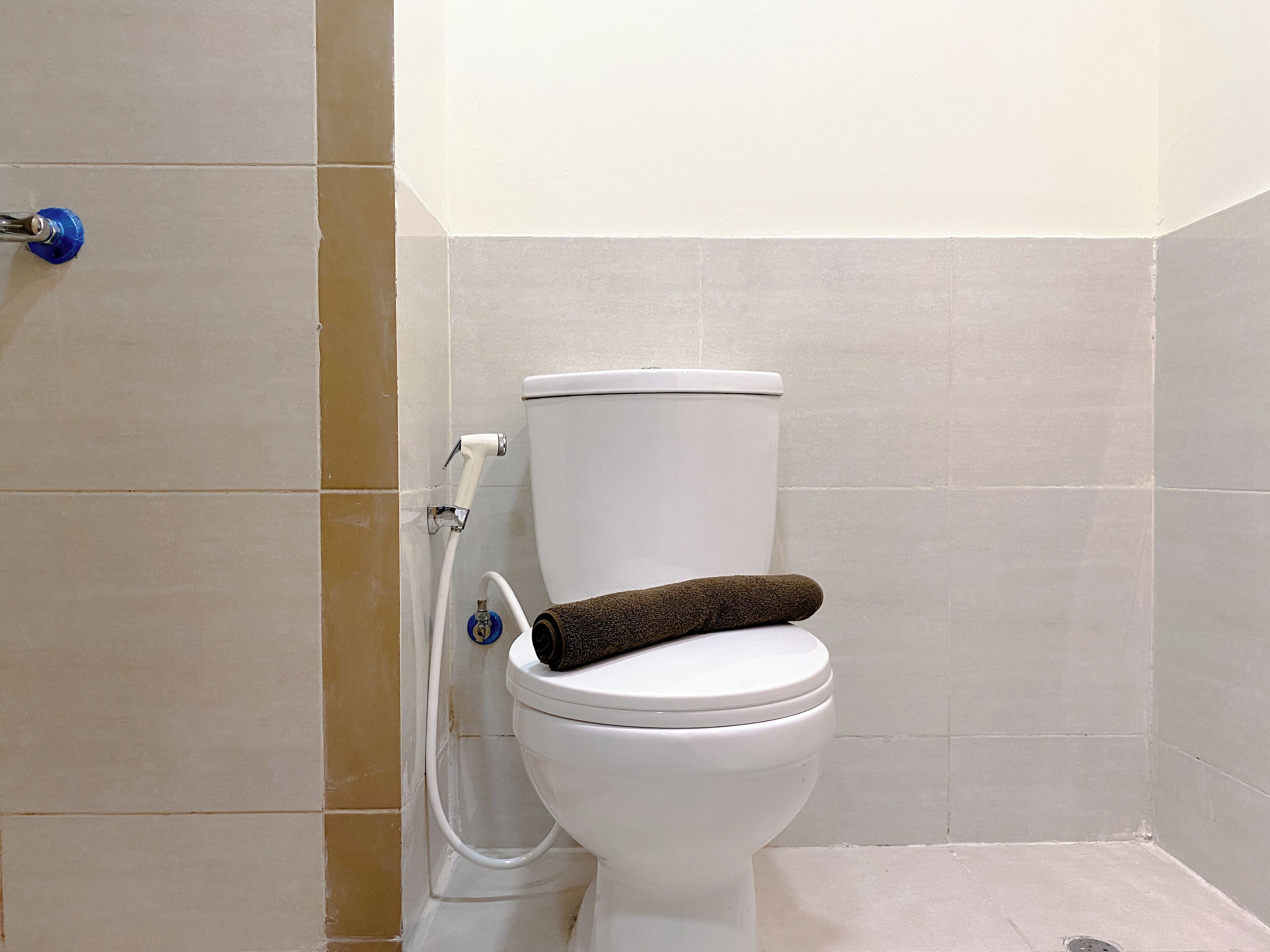Sanitário branco com toalha marrom no assento, chuveiro azul e rolo de papel higiénico branco.