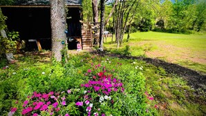 A rustic wooden cabin surrounded by lush greenery and vibrant flowers. - Wall of Windows Treehouse-Romantic Woodland Retreat-Escape (Doyle)