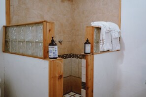 Shower, towels, soap, shampoo