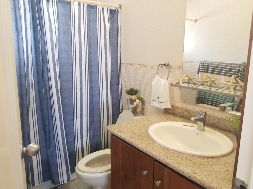Un bagno con tenda da doccia a righe, un lavandino e uno specchio.