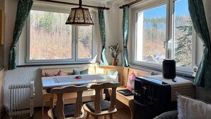 A cozy room with a wooden table, chairs, a radiator, and a window with curtains.