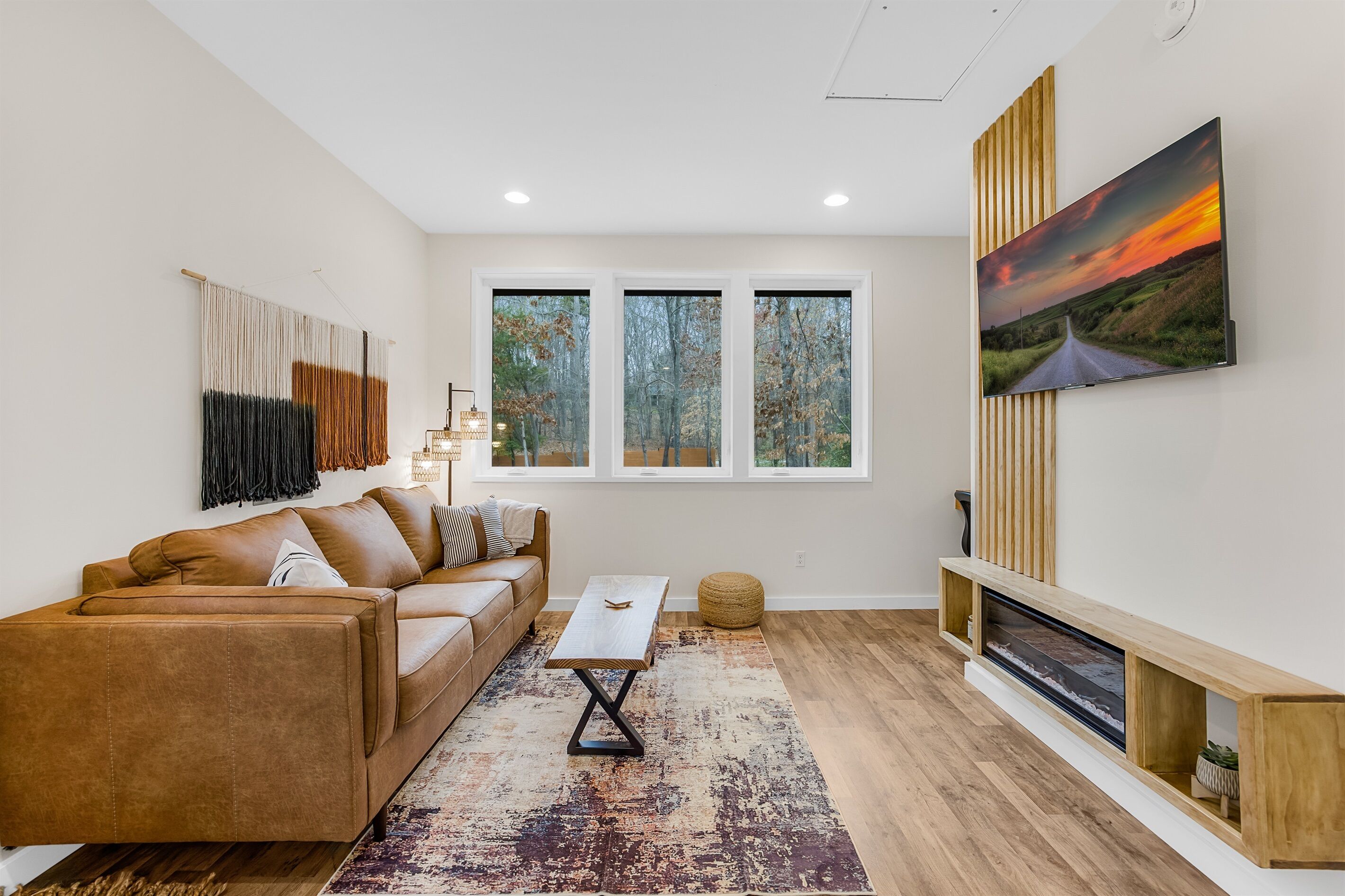 Smart TV, fireplace, books, video library