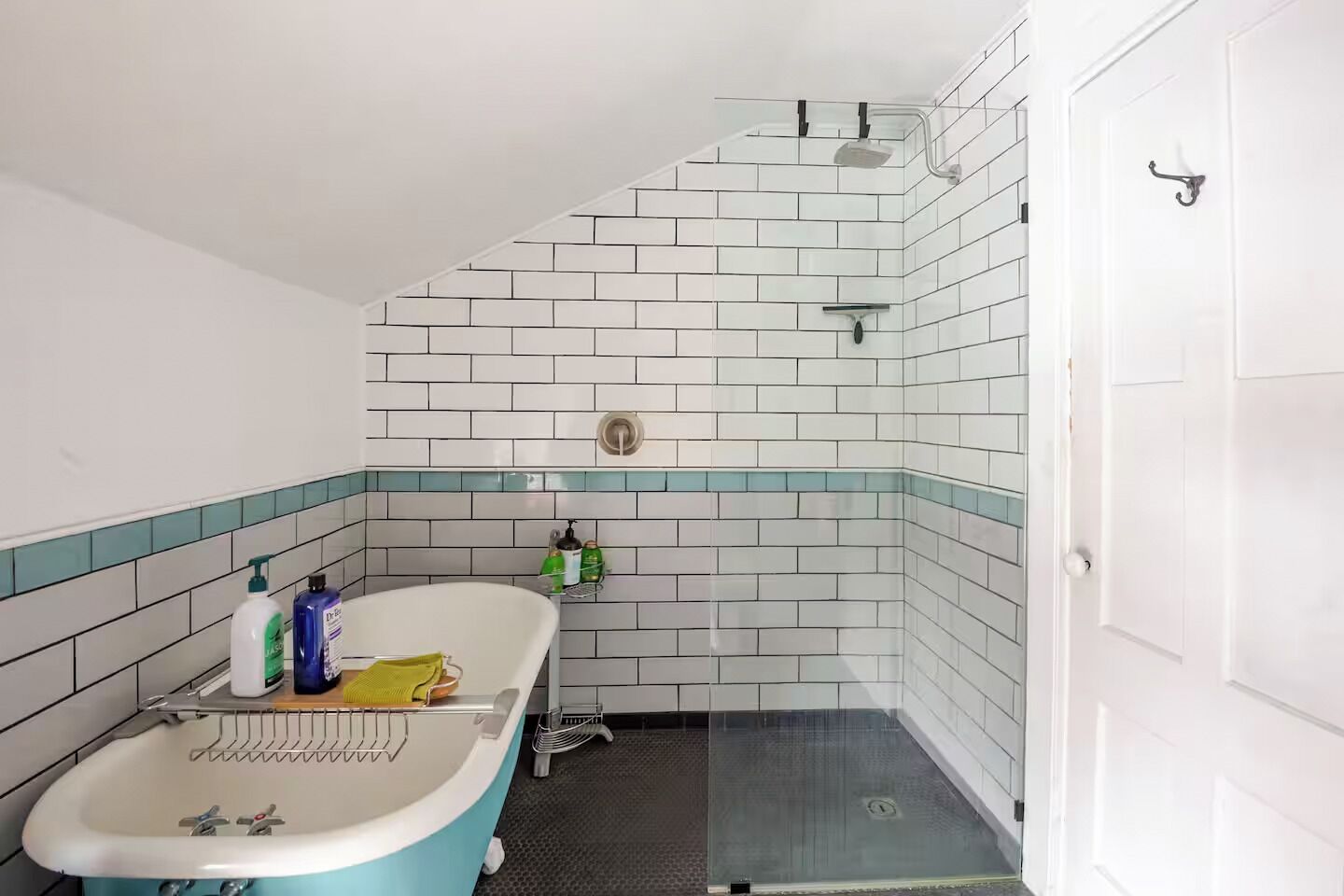 Hair dryer, towels, soap, shampoo