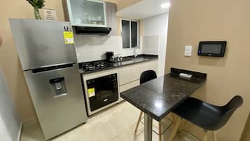 Estudio Confort, 2 habitaciones, vista a la ciudad | Cocina privada | Refrigerador con congelador, microondas, horno y parrilla de estufa