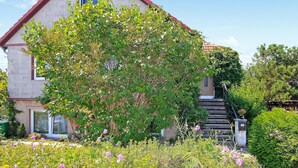 Une maison à deux étages avec un toit rouge, un grand arbre devant et un jardin où poussent différentes plantes et fleurs.