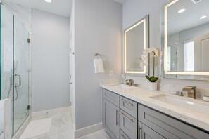 Hair dryer, towels, soap, shampoo