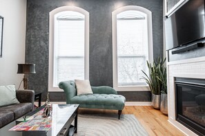 智能電視、壁爐、書籍