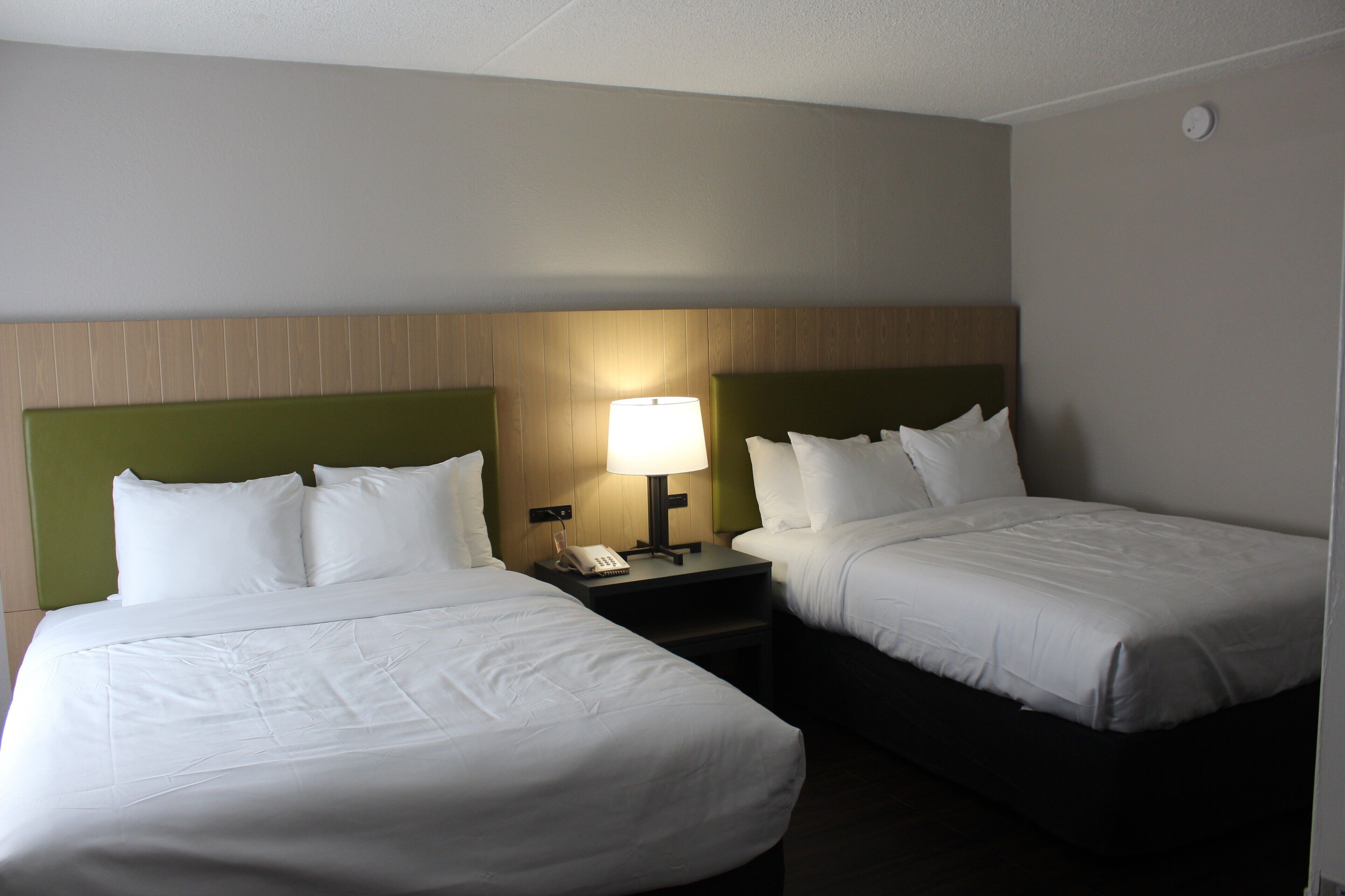 Een hotelkamer met twee eenpersoonsbedden, een nachtkastje met een lamp en een houten hoofdeinde.