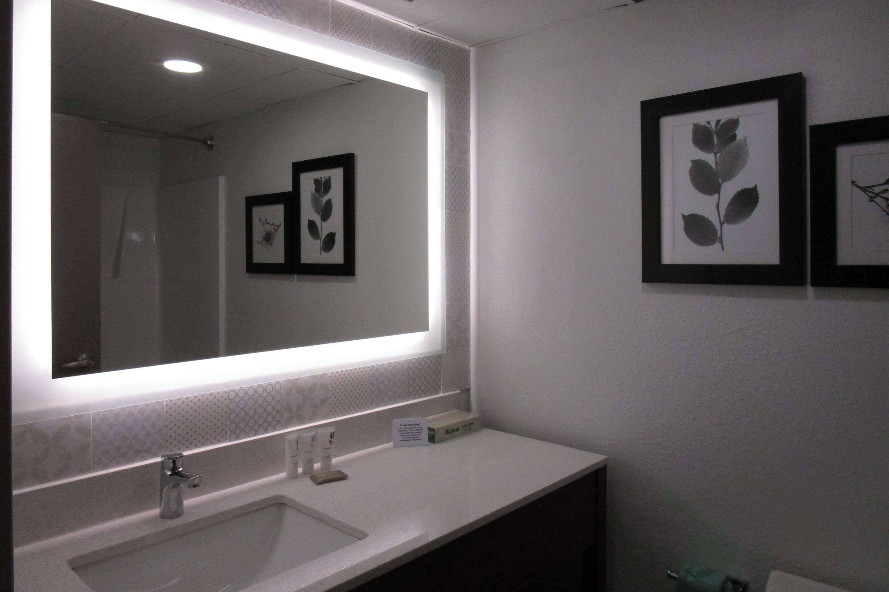 Un baño con un espejo grande, un lavabo e impresiones botánicas enmarcadas en la pared.