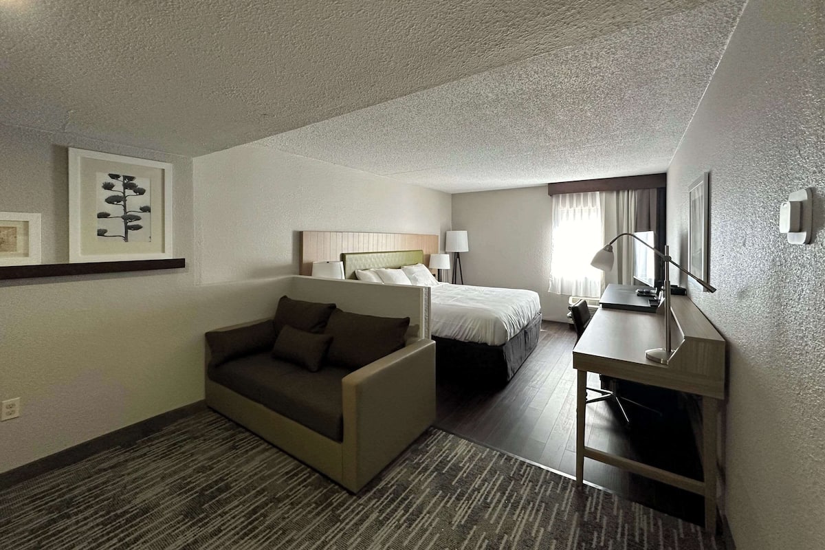 Une chambre d’hôtel avec un canapé, un lit, un bureau et une lampe.