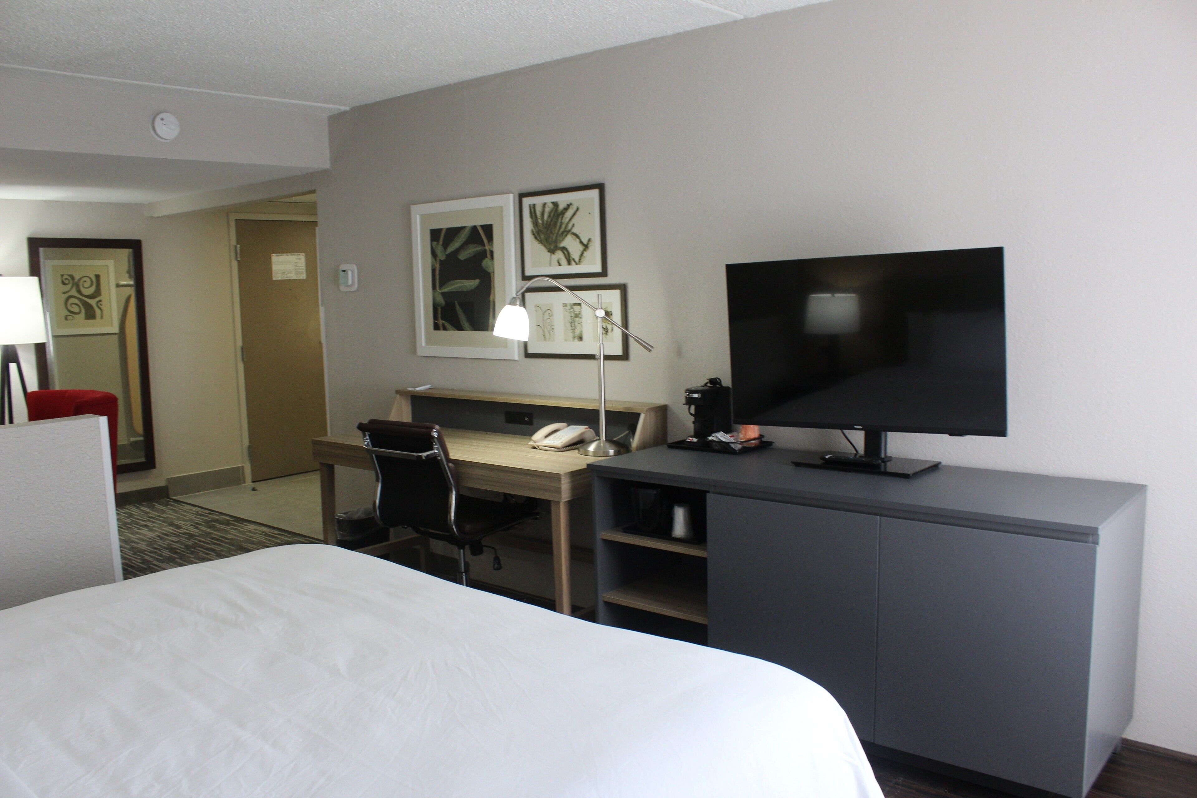 Habitación de hotel con cama, escritorio, silla, televisor y una obra de arte en la pared.