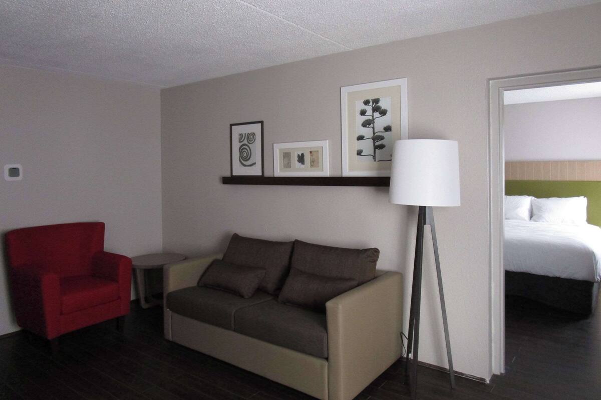 Une chambre d’hôtel avec un canapé, un fauteuil rouge, une table de chevet, une lampe et un lit.