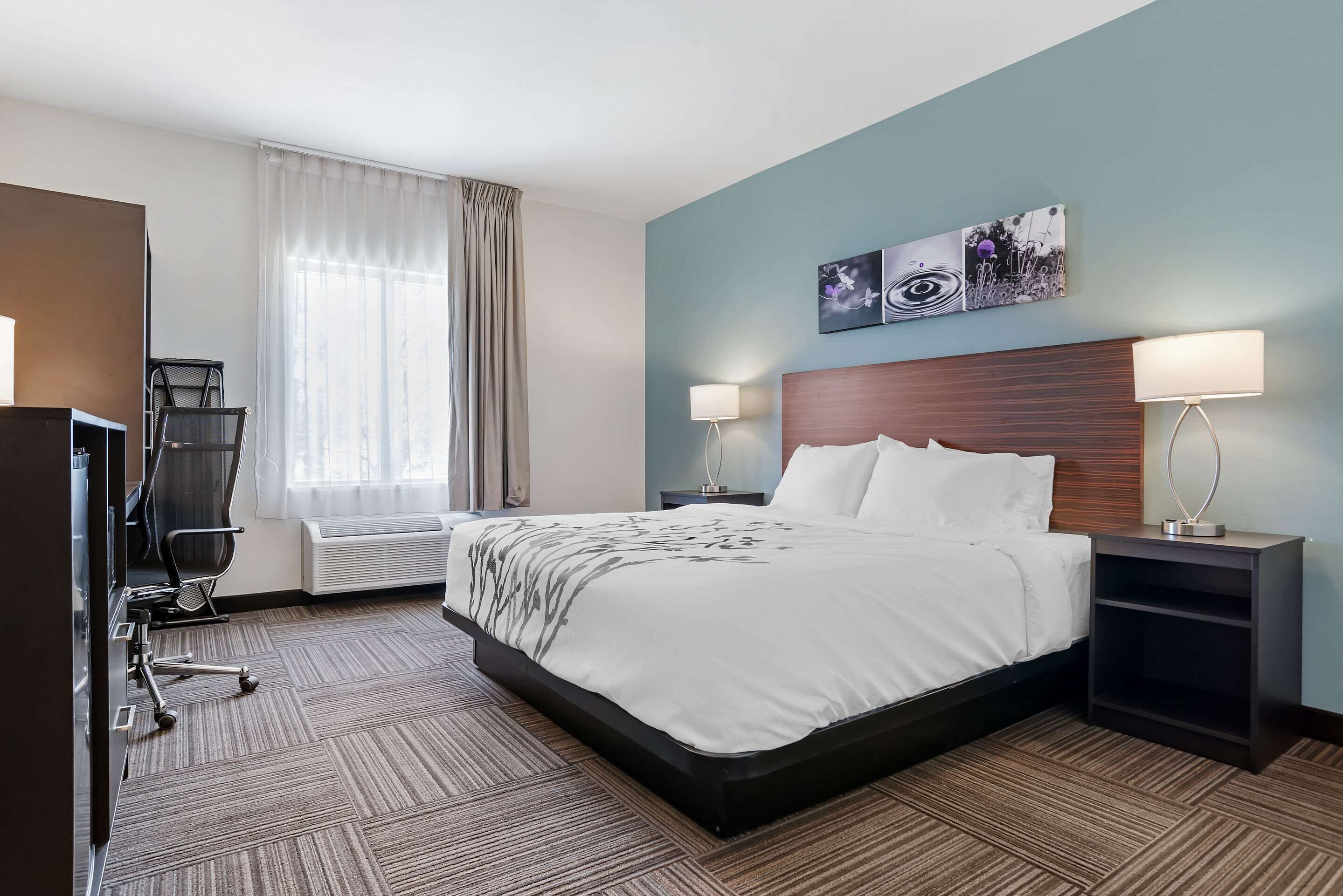 A hotel room with a large bed, a desk with a chair, a TV, and a window with curtains.