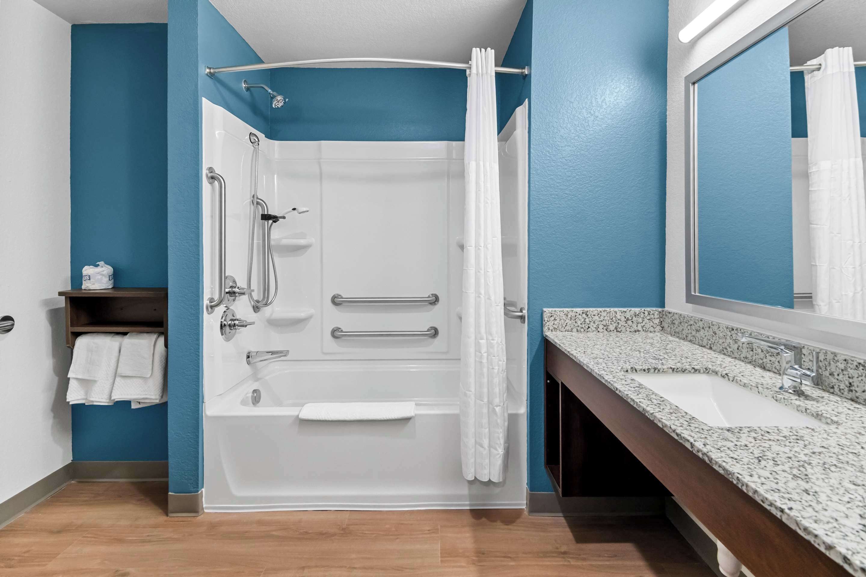 A modern bathroom with a shower, grab bars, a bathtub, a sink, and a mirror.