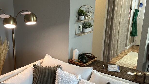 A modern living room with a sofa, decorative pillows, a floor lamp, a small shelf with plants, and a mirror.
