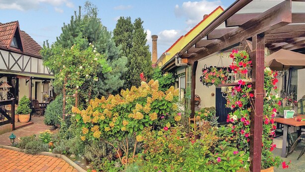 Un edificio in stile europeo tradizionale con un'area giardino che presenta diverse piante e fiori.