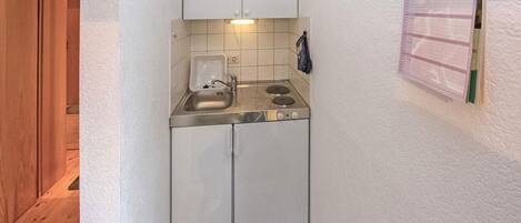 Fridge, stovetop, coffee/tea maker