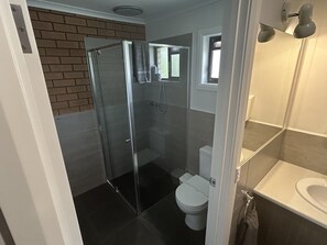 Een douche, een hydromassagedouche, een haardroger, handdoeken