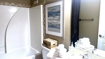 Hair dryer, bidet, towels, soap