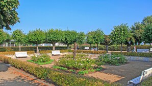 Um parque com bancos, árvores e canteiros de flores.