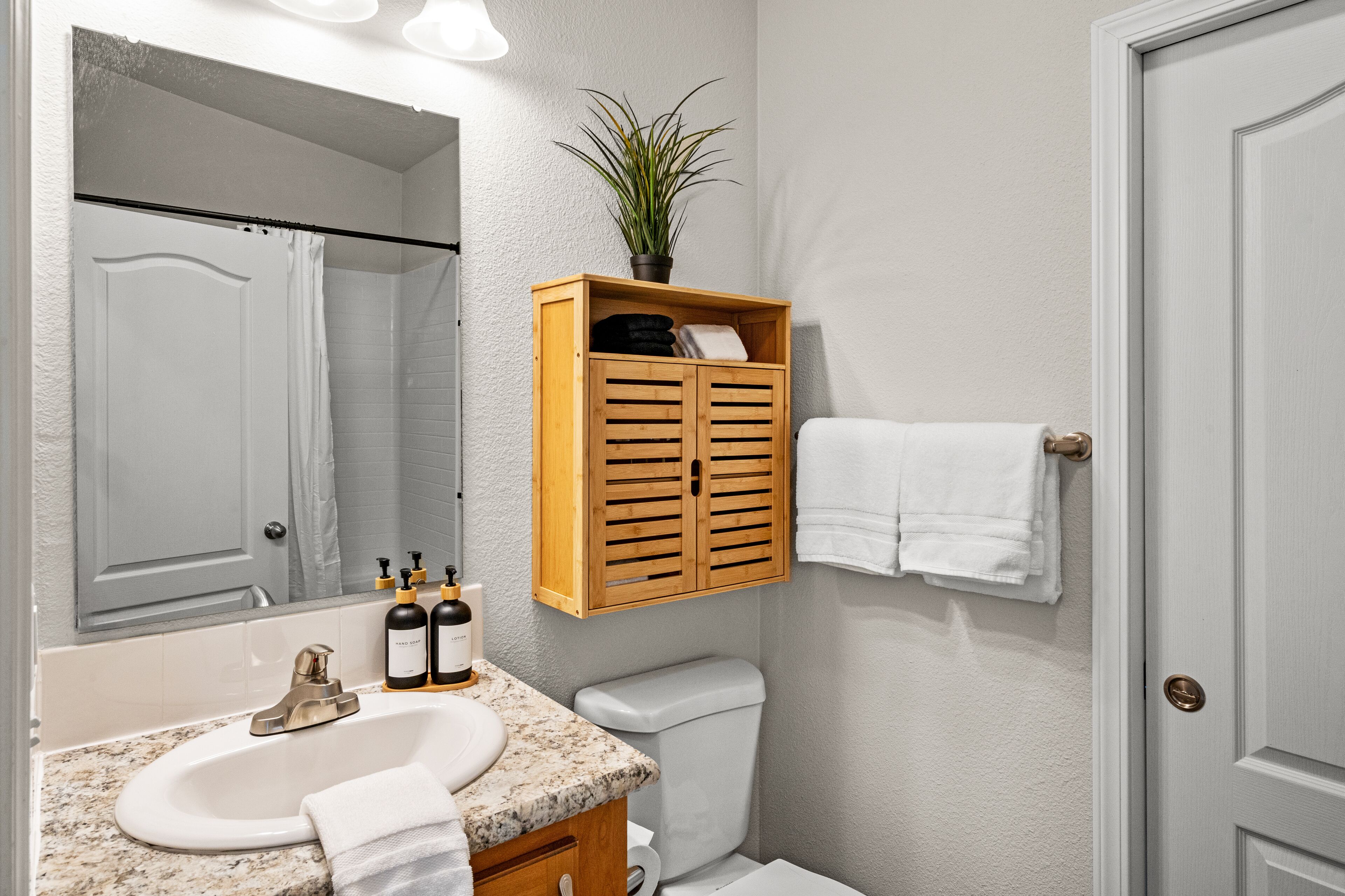 Un baño con lavamanos, espejo, inodoro y un armario de madera con una planta.