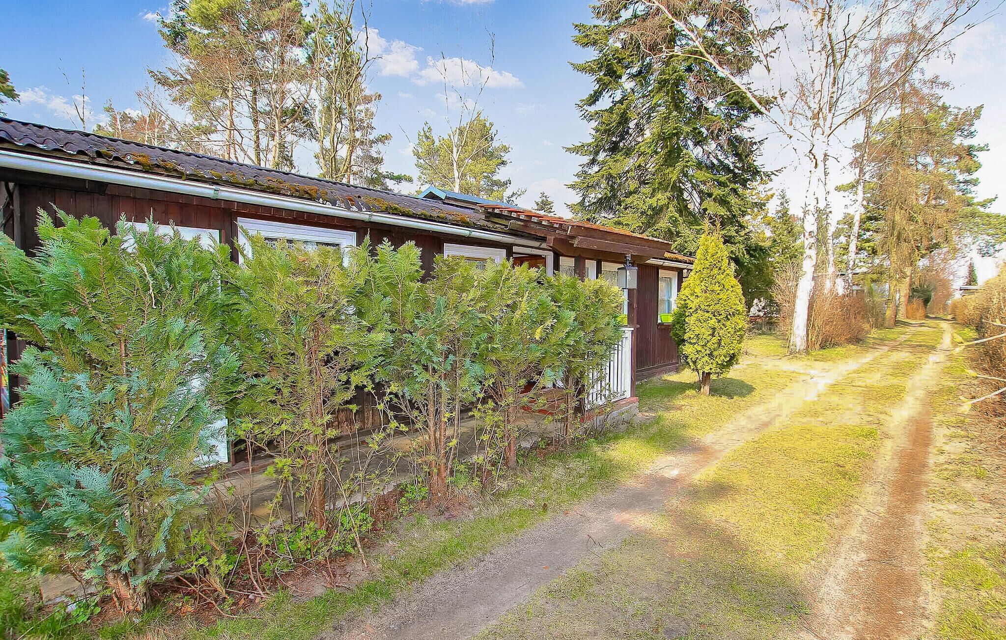 Un chalet rustique avec une façade en bois, un chemin de gravier menant à l’entrée et une végétation luxuriante qui entoure les lieux.