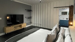 A modern bedroom with a large bed, a TV, and a built-in wardrobe.