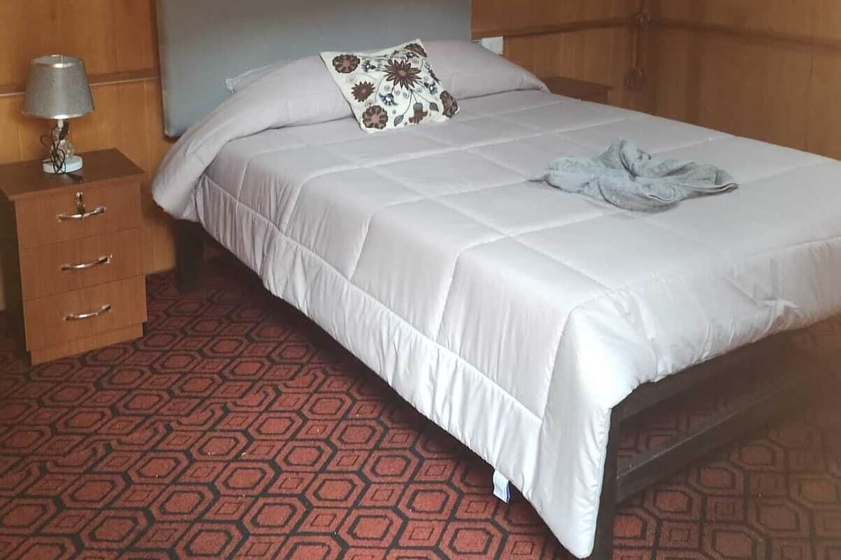 Habitación de hotel con pared revestida de madera, una cama con edredón blanco y almohada estampada, una mesita de noche con lámpara y una alfombra con estampado geométrico.