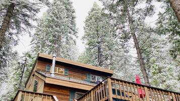 A wooden cabin with a balcony and stairs, surrounded by tall trees.