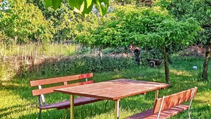 Une table de pique-nique avec des bancs, située dans un espace verdoyant, avec des arbres et un étang en arrière-plan.