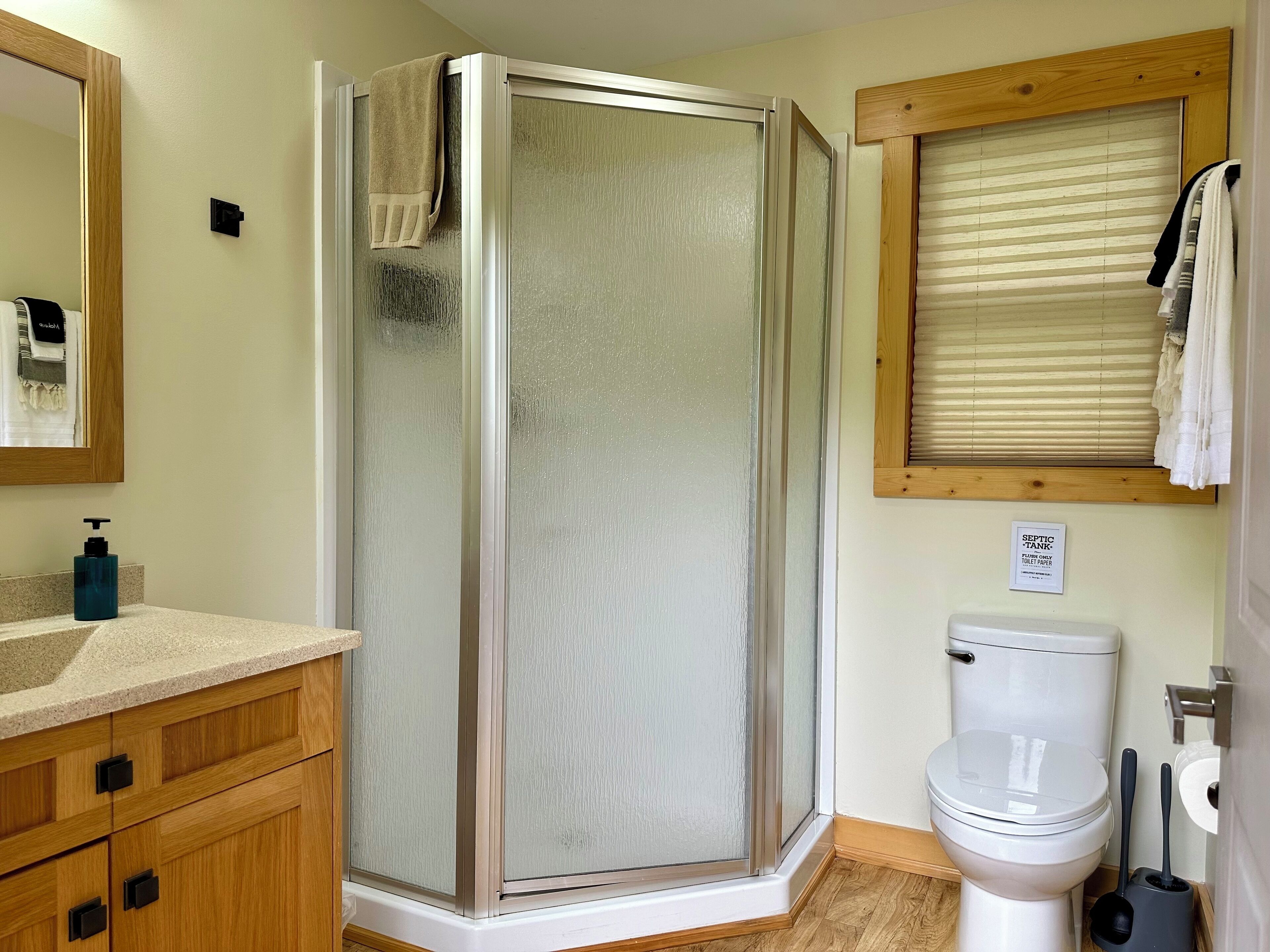 Shower, eco-friendly toiletries, hair dryer, towels