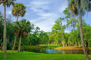 Un parcours de golf paisible, avec un étang, entouré d’une végétation luxuriante et de grands arbres.