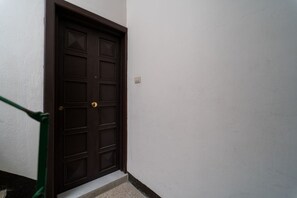 A dark wooden door with a glass panel, a white wall, and a green metal handrail.