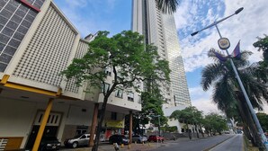 Vista da rua com um edifício alto, carros estacionados e uma faixa de pedestres.