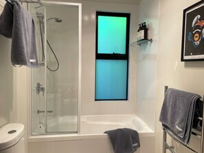 Shower, hair dryer, towels, soap