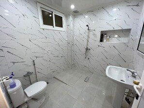 Dusche, Haartrockner, Seife, Toilettenpapier