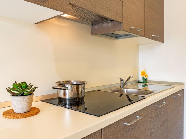 Réfrigérateur, four à micro-ondes, vaisselle et ustensiles