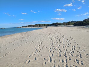 Une vaste plage de sable fin parsemée d’empreintes, un ciel bleu azur et des collines lointaines.