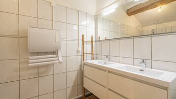 Shower, hair dryer, towels